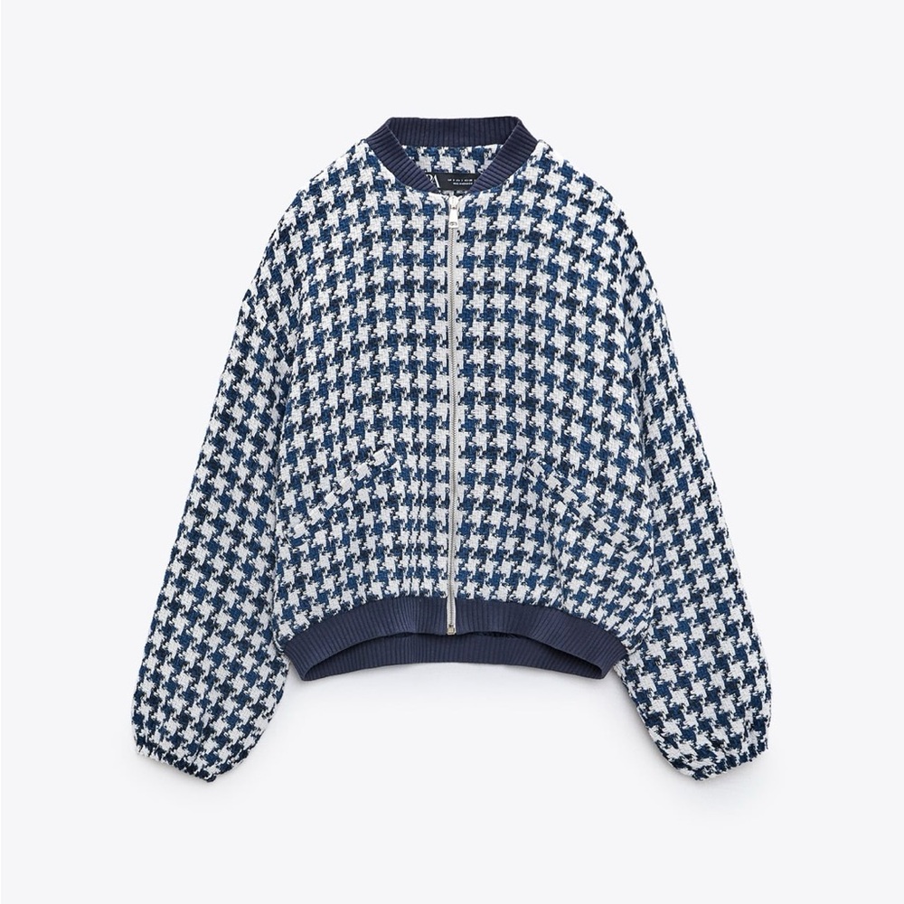 NEW ZARA HOUNDSTOOTH BLAZER BOMBER NAVY WHITE SIZE XS